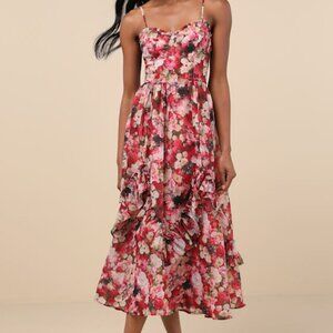 Lulus Maisley Red Multi Floral Bustier Ruffled Midi Dress - Size M